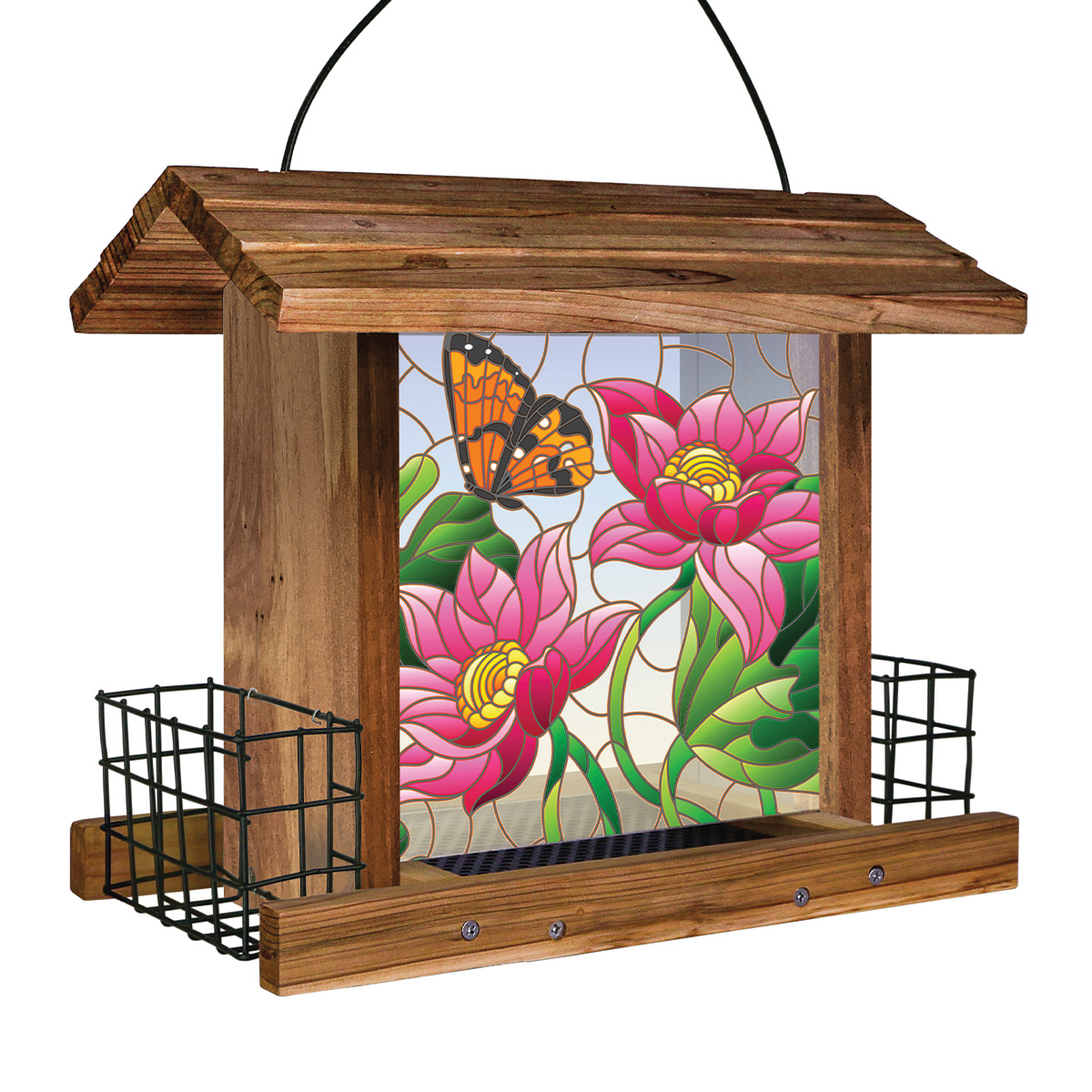 Picture of Stained Glass Hopper Feeder with 2 Suet Cages
